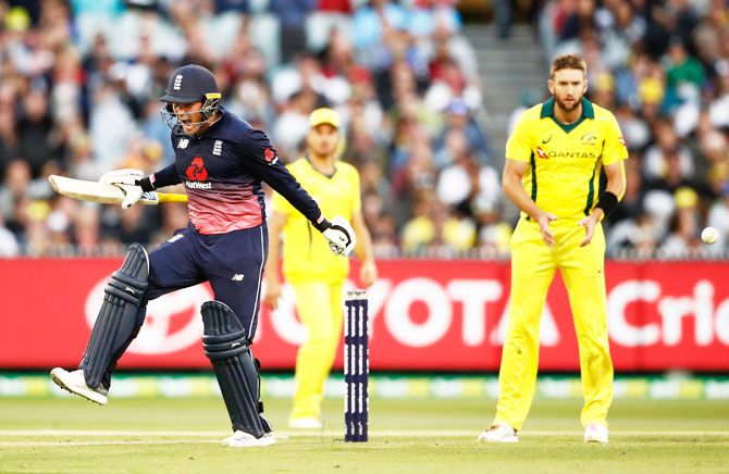 England's Jason Roy celebrates his century the first One Day International against Australia at Melbourne Cricket Ground in Melbourne on Sunday