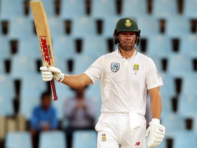 AB de Villiers celebrates on completing his half-century on Day 3 of the 2nd Test on Monday