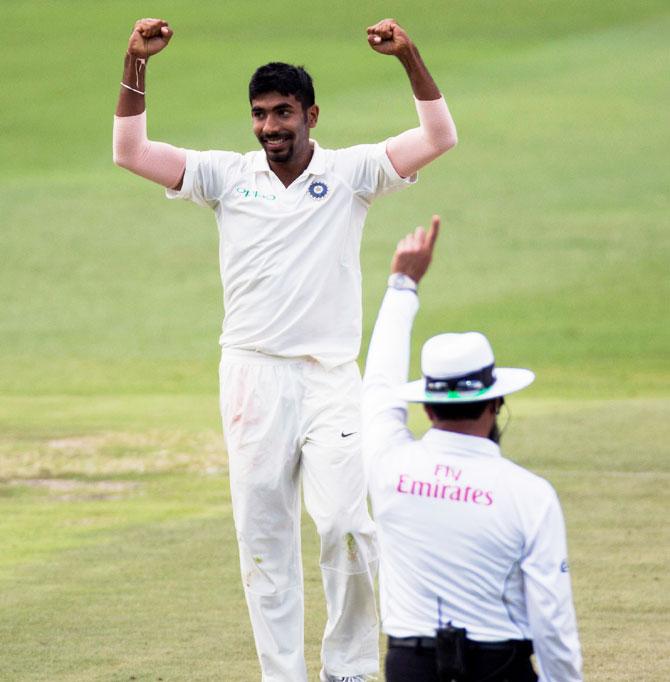 India’s Jasprit Bumrah celebrates after scalping the wicket of Lungi Ngidi