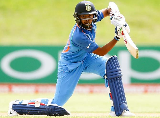 India Under-19 Captain Prithvi Shaw in action. Photograph: ICC/Getty Images