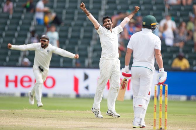 India’s Jasprit Bumrah celebrates taking the wicket of South Africa’s AB De Villiers