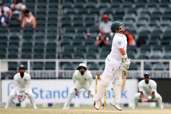 South Africa opener Dean Elgar evades a snorter