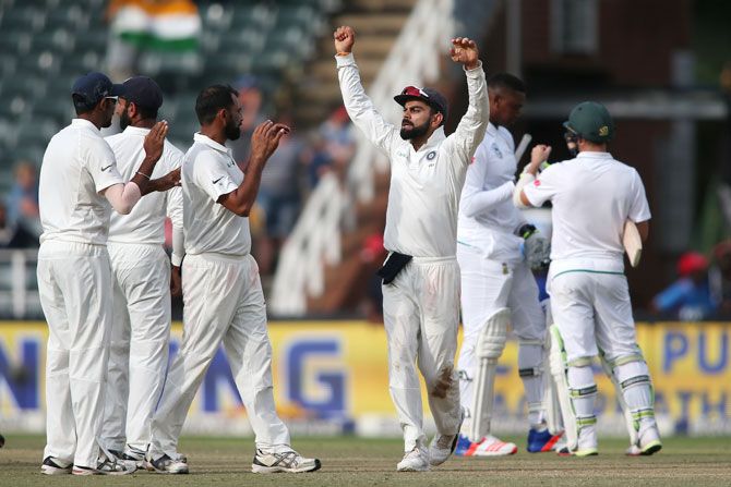 India players celebrate after victory in the 3rd Test at the Wanderers in Johannesburg on Saturday
