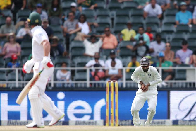 Ajinkya Rahane takes the catch to get send AB de Villiers back to the pavillion