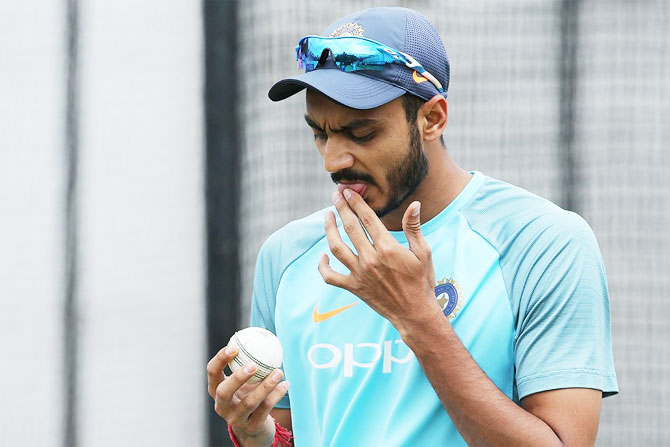 India's Axar Patel gets going at a nets session