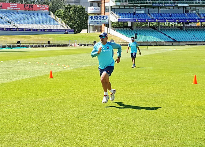 Mahendra Singh Dhoni goes through the paces at a training session in Durban on Wednesday