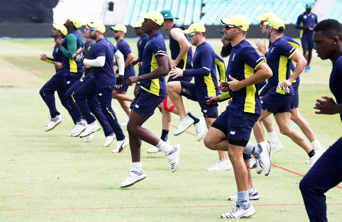 The South African cricket team at a training session