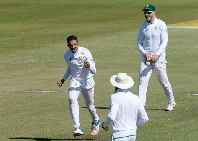 South Africa's Keshav Maharaj celebrates a wicket