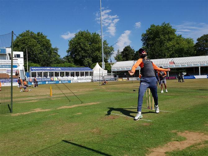 Ravindra Jadeja bowls in the nets during practice on Tuesday