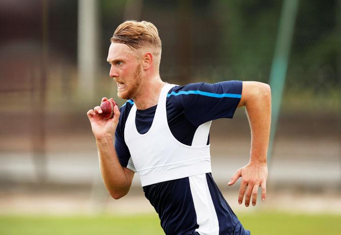 England's Jamie Porter goes all out in the nets 