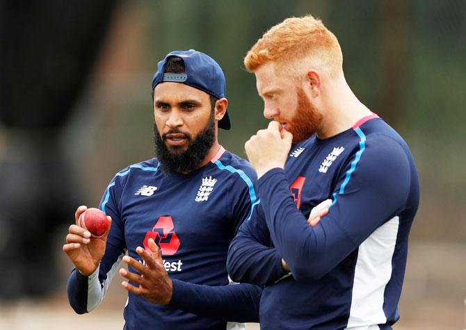 England's Adil Rashid and Jonny Bairstow during nets 