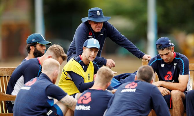 England captain Joe Root speaks to his team before their nets session on Monday