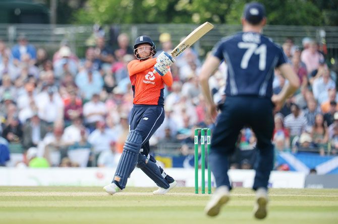 England's Jonny Bairstow hits a six during his innings