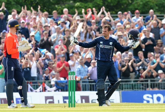 Scotland's Callum MacLeod celebrates his century against England