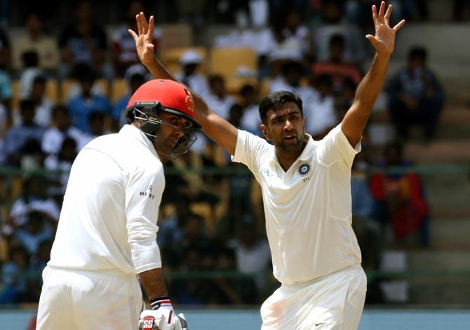 Afghanistan's players celebrate the wicket of Ravichandran Ashwin