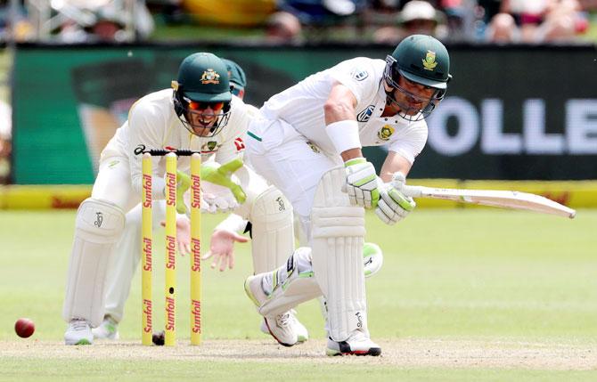 South Africa's Dean Elgar plays a shot on Day 2 of the 2nd Test against Australia at St George's Park, Port Elizabeth, on Saturday