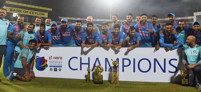 The Indian cricket team with the Nidahas Trophy after winning the final on Sunday