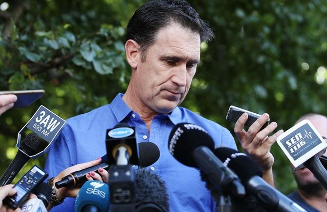 Cricket Australia CEO James Sutherland looks emotional as he pauses while speaking to the media during a press conference at Melbourne Cricket Ground. Sutherland was responding to reports of ball tampering by the Australia Test team in South Africa