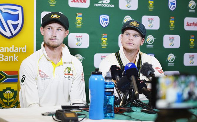 Cameron Bancroft and Steve Smith at a press conference confessing their act of ball-tampering on Day 3 of the 3rd Test vs South Africa in Cape Town on Saturday