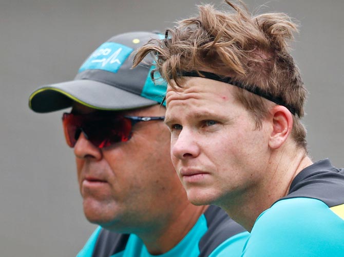 Darren Lehmann, left, with Steve Smith