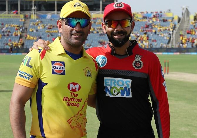 Chennai Super Kings Captain Mahendra Singh Dhoni with Virat Kohli, before the CSK-RCB game in Pune, May 5, 2018.Photograph: BCCI