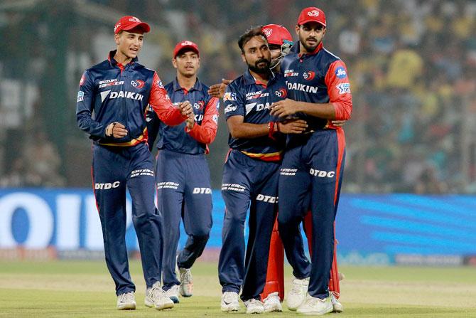 Amit Mishra of Delhi Daredevils celebrates the wicket of Shane Watson on Friday