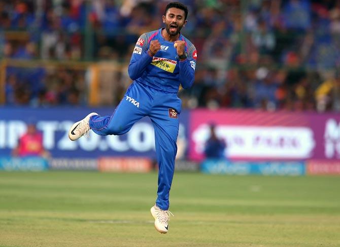 Shreyas Gopal celebrates the wicket of Moeen Ali.