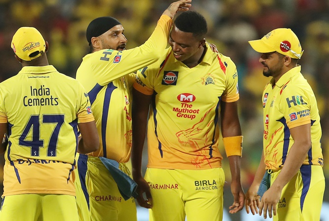 Lungi Ngidi of the Chennai Super Kings celebrates the wicket of Andrew Tye of the Kings XI Punjab