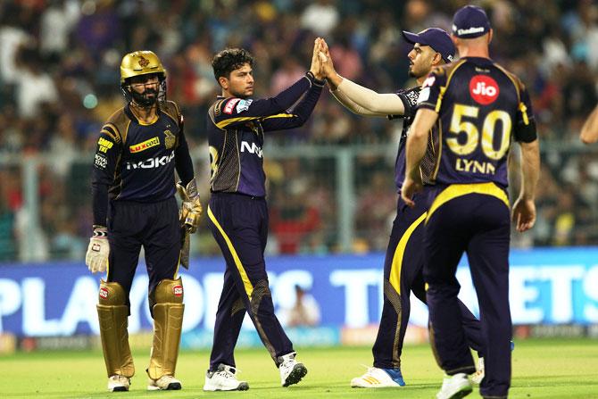 Kolkata Knight Riders' Kuldeep Yadav celbrates the wicket of Rajasthan Royals captain Ajinkya Rahane on Wednesday