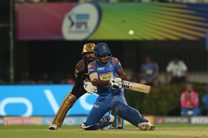 Sanju Samson plays a shot during his half-century against KKR