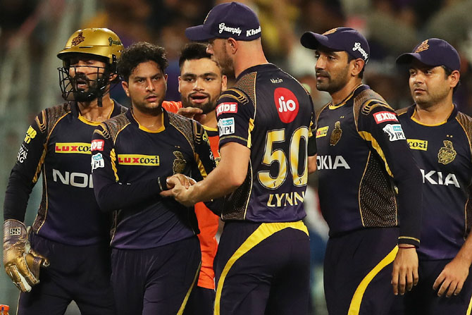 Kolkata Knight Riders' Kuldeep Yadav celebrates the wicket of Sunrisers Hyderabad's Kane Williamson