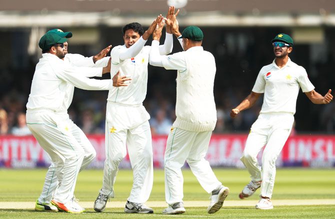 Pakistan's Mohammad Abbas celebrates the wicket of England's Alastair Cook
