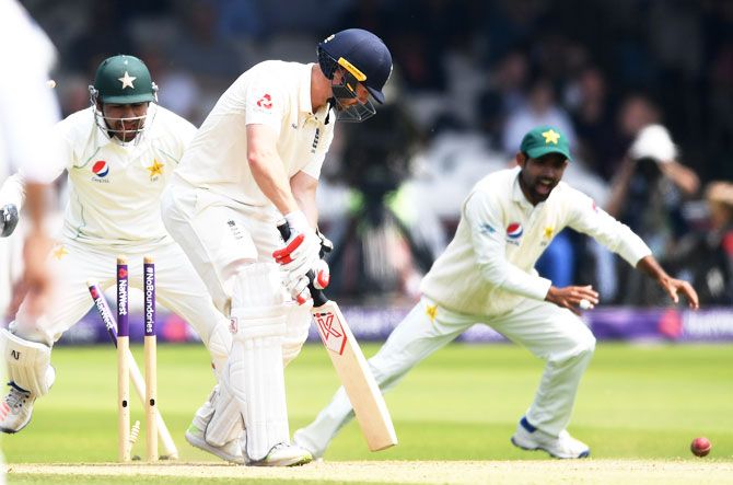 England's Mark Stoneman is bowled by Shadab Khan of Pakistan during day three of the 1st NatWest Test match at Lord's Cricket Ground in London on Saturday