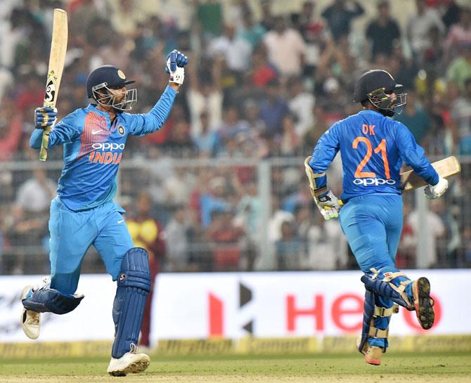 Krunal Pandya celebrates after scoring  the winning runs against West Indies in the first T20I on Sunday