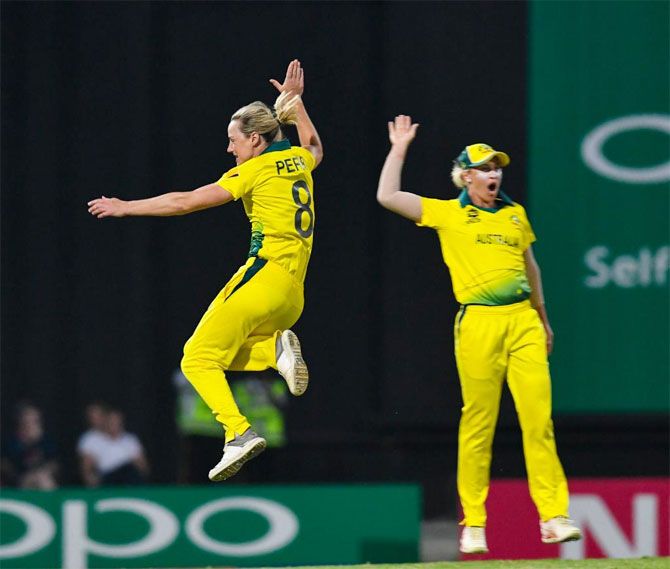 Australia's Ellyse Perry celebrates the wicket of West Indies' Shemaine Campbelle