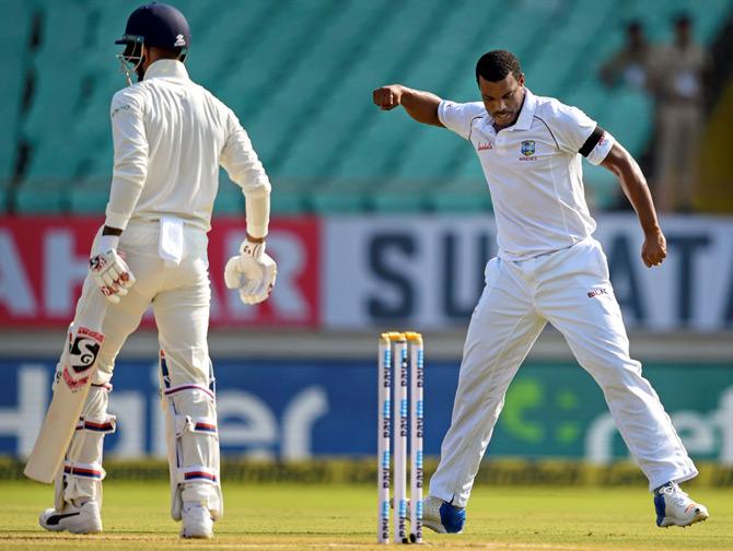 Shannon Gabriel celebrates K L Rahul's wicket