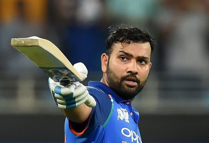Rohit Sharma celebrates a ton against the West Indies, October 21, 2018. Photograph: ICC/Twitter