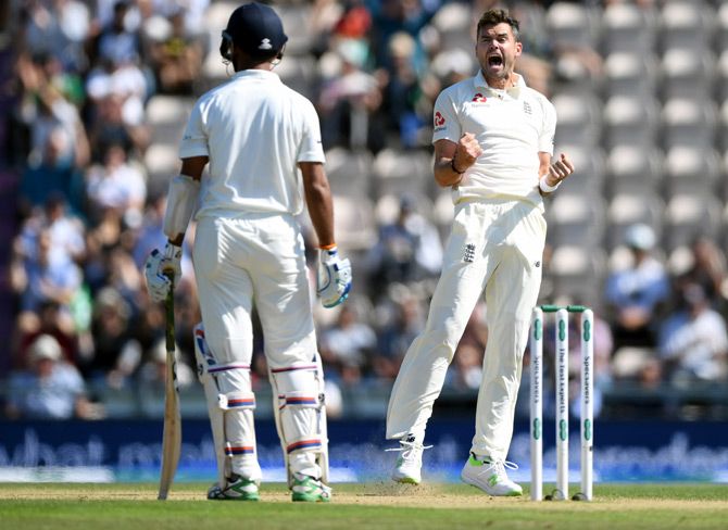 James Anderson celebrates the wicket of Cheteshwar Pujara