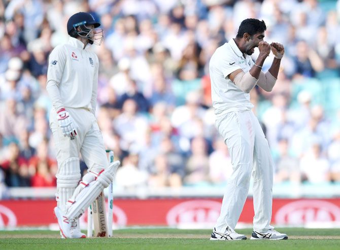 Jasprit Bumrah celebrates on dismissing England captain Joe Root. Root was out for a duck