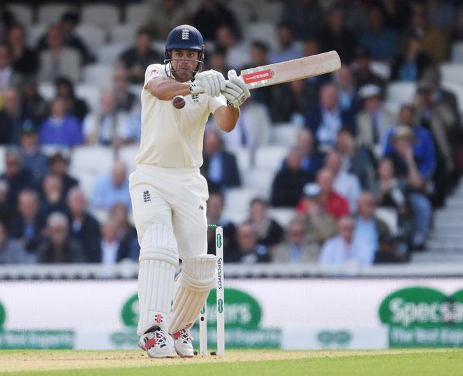 England open Alastair Cook hooks the ball for a boudary