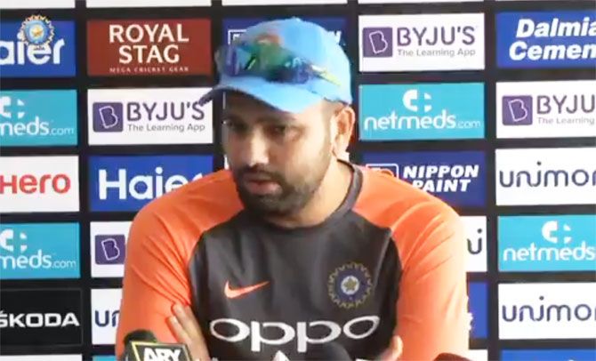 India captain Rohit Sharma speaks during the press conference in Dubai on Monday