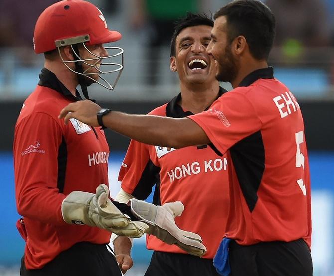 Hong Kong celebrate an Indian wicket