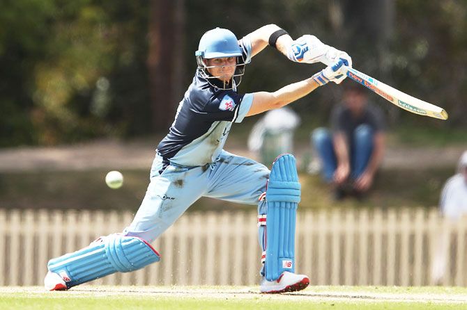 Steve Smith plays a cover drive during the NSW First Grade Club Cricket match between Sutherland and Mosman at Glenn McGrath Oval in Sydney, on Saturday