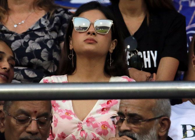 Sakshi Dhoni watches the IPL-12 game between the Chennai Super Kings and Mumbai Indians at the Wankhede Stadium in Mumbai on Wednesday, April 3