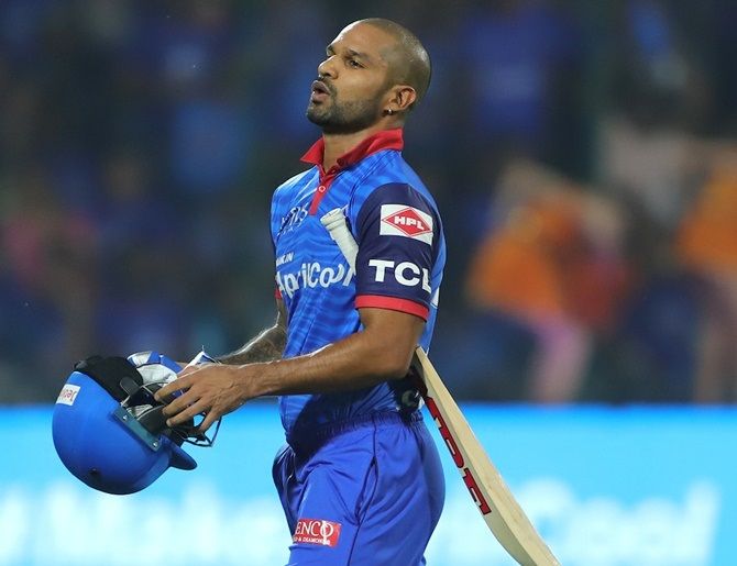 Delhi Capitals’s Shikhar Dhawan walks back after being dismissed cheaply