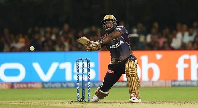 Andre Russell hammered an unbeaten 48 off 13 balls to take Kolkata Knight Riders past Royal Challengers in Bengaluru, April 5, 2019. Photograph: BCCI