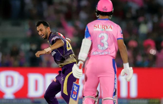 Prasidh Krishna celebrates after trapping Ajinkya Rahane leg before