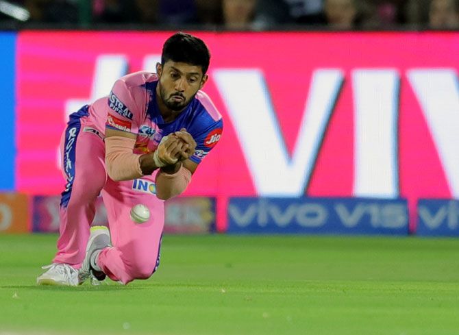 Rajasthan Royals' Rahul Tripathi drops a catch to give Kolkata Knight Riders' Sunil Narine's a reprieve, off the bowling of Dhawal Kulkarni during their IPL match on Sunday, April 7