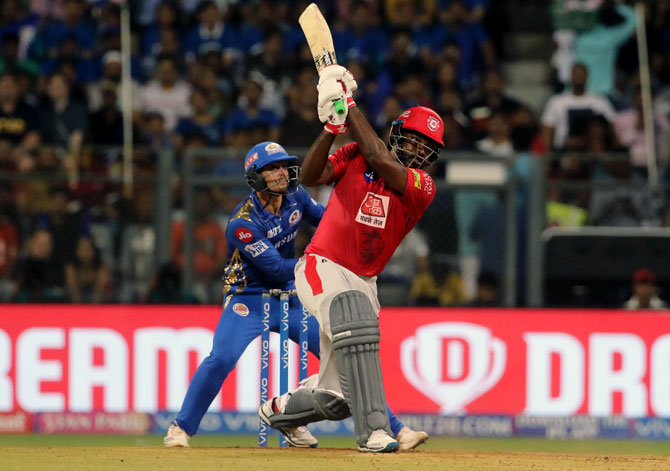 Chris Gayle scored 63 off 36 balls in the match against Mumbai Indians in Mumbai on Wednesday