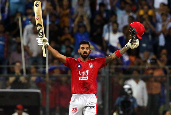 KL Rahul celebrates after completing his century